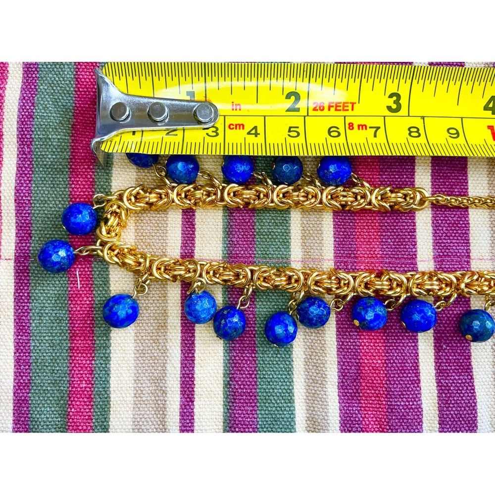 Gold Tone Chain Necklace with Lapis Lazuli Style Blue Bead Dangles - Picture 4 of 7